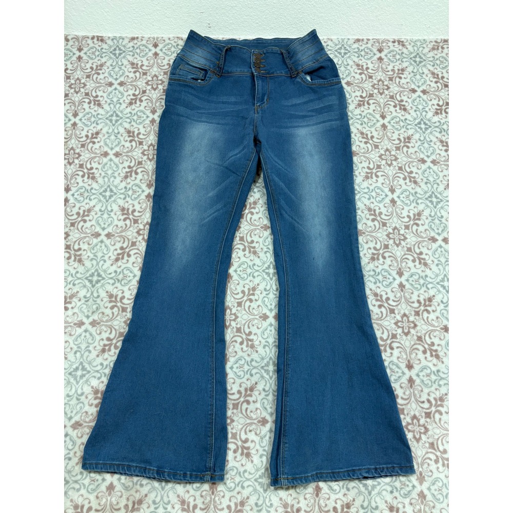 Bamboo Jeans Womens Size 15 High Waisted Four Button Fly Flare Leg Denim Blue